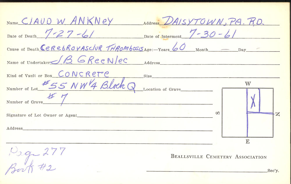 Claud W. Ankney burial card